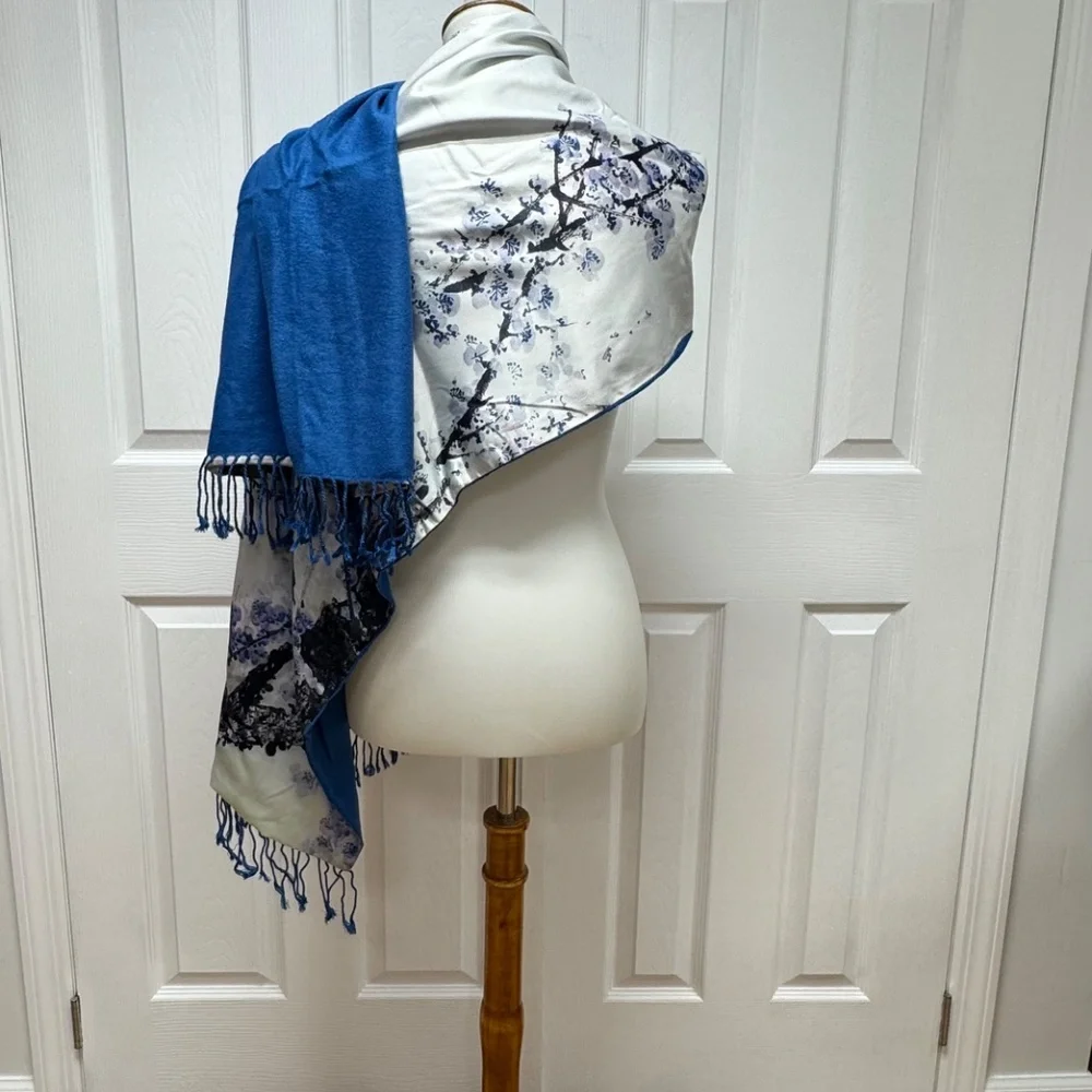 Oriental Floral/Plum Blossom Print With Frindges Edges Scarf - 68